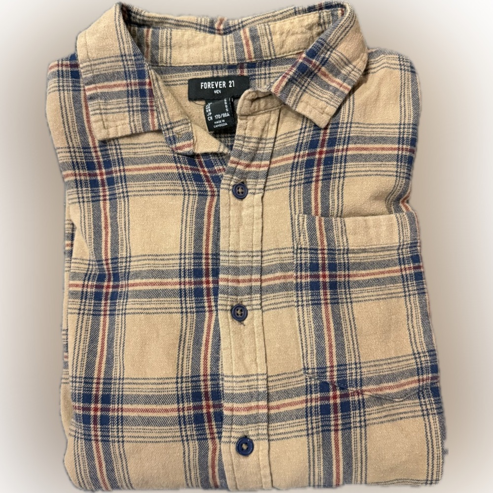 Forever 21 Men's Beige and Blue Plaid Shirt